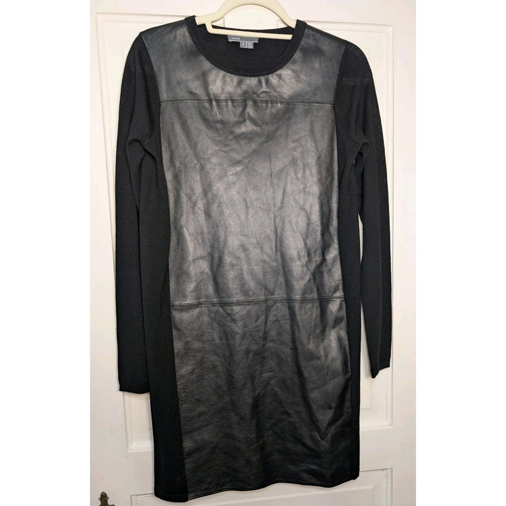Vince Black Long Sleeve Sweater Dress Lambskin Leather Panel Wool S Y2K(867)
